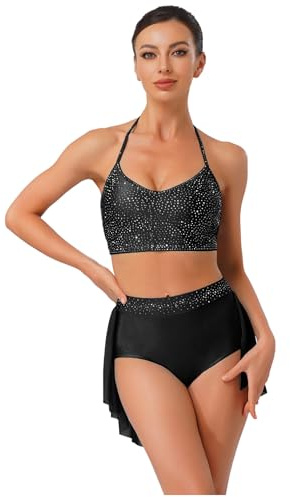 ranrann Ensemble Danse Contemporaine Femme Haut Court Dos Nu Strass Short Jupe Danse Latine Tenue Patinage Gymnastique Costume Pole Dance Noir L
