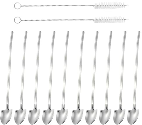 10 Piezas Cucharas de Paja con Cepillo de Limpieza, Pajitas de Metal, Pajitas Reutilizable de Acero Inoxidable, Pajitas para Bebida Cócteles, 2 en 1 Cuchara de Paja, Pajita para Bebida Cócteles