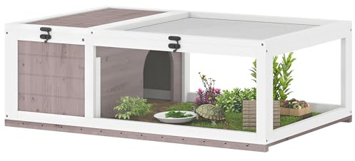 PawHut Casa de Tortugas de Madera Techo Malla 91x60,5x32 cm Marrón Grisáceo