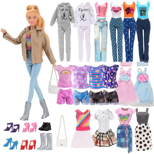 Lot de 21 vêtements de poupée pour poupées de 29,9 cm compatibles avec Barbie 6 tenues en cuir, ensemble de vêtements de sport, vêtements décontractés, ensemble de vêtements de détente, 6 chaussures
