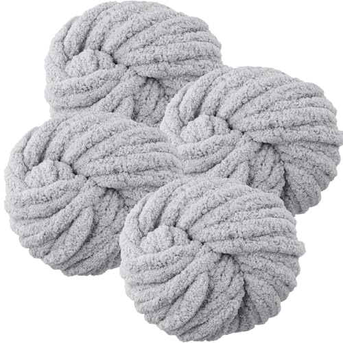 Bafeil Chunky Wool Yarn 250g × 4 - Jumbo Yarn for Hand Knitting | Arm Knit & Crochet Yarn, Soft 2cm Chunky Blanket Yarn for Hats, Bags, Blankets, Pillows, Cat Beds (Light Grey)