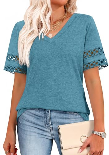 XIEERDUO T Shirts for Women UK Summer Tops V Neck Womens Blouses Short Lace Sleeve Tshirts Turquoise Size 14-16