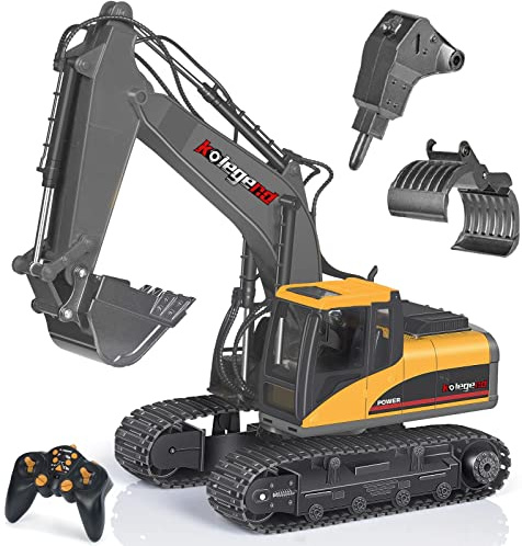 kolegend 3-in-1 Fernbedienungs-Bagger, Spielzeug, 1/14 Ma?stab, RC-Bagger, 15-Kanal-Upgrade, voll funktionsf?hige Baufahrzeuge mit Werkzeug, Metallbrecher und elektrischem Greifer (gelb/schwarz)