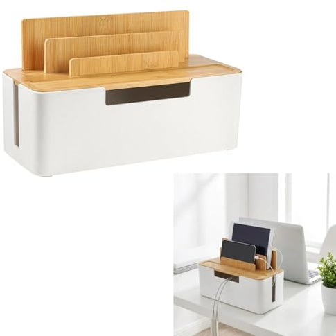 Scatola organizer per cavi grande (30 x 13 x 16 cm), colore bianco, con coperchio in legno per ciabatte, cavo nascosto, con coperchio in bambù