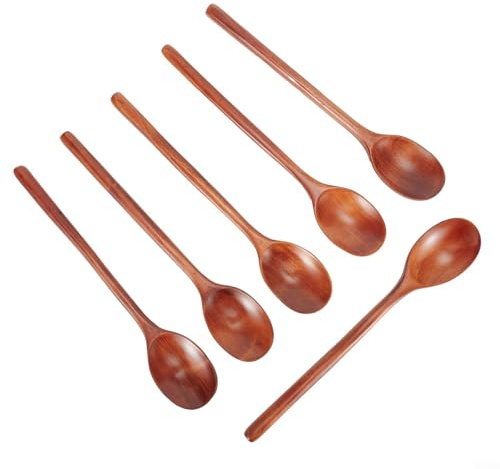 Juego de 6 cucharas largas de madera, cucharas de sopa y ensalada de madera natural de 9 pulgadas, utensilios de cocina ecológicos hechos a mano para el hogar, restaurante y hotel
