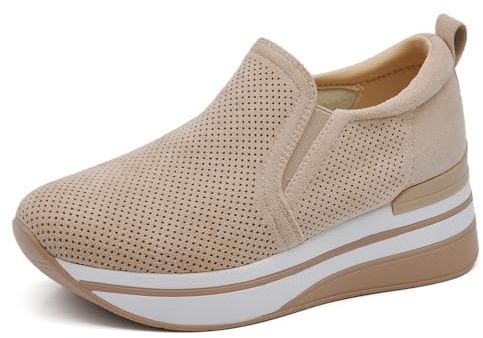 Sneakers Donna Slip On con Zeppa, Scarpe Casual Comode in Camoscio Sintetico, Suola Platform per Uso Quotidiano MS1587 Beige N.36