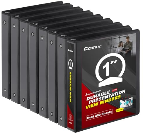 COMIX Sturdy 3 Ring Binder 1 inch with Clear View Cover, 1 Round Ring View Binder, PVC-Free, 2.4mm-Thick, 200 Sheets Capacity of US Letter Size Paper, Office ＆ School Supplies, 8 Pack (Black)