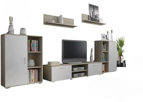 Per la vita Wohnwand Herkules, Schrankwand Wohnzimmer Modern, Wohnzimmerschrank mit Fernsehtisch, Sideboard und Wandregal Wohnzimmer Komplett Möbel - Sonoma/Weiß