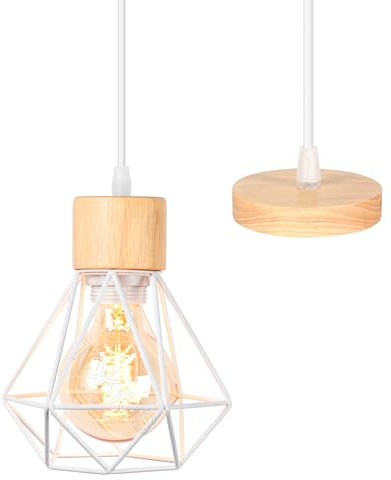 TOKIUS Pendelleuchte Vintage Industrial 16CM Hängelampe Geometrischem Design E27 Lampe aus Holz Eisen Käfig Lampenschirm Weiß Hängeleuchte mit 150cm Draht für Esstisch Küche (Pendellampe 1-flammig)