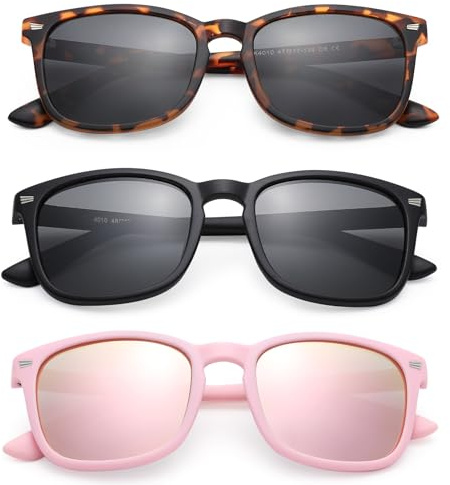 GLARDEFE Kids Sunglasses Polarized - Flexible Youth Glasses for Toddler Girls Boys Age 3-12(Matte Leopard/Grey + Matte Black/Grey + Matte Pink/Pink Mirror)