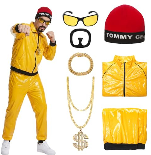 SERTAS Ali G Costume Adult 90s Rapper Costume Yellow Shell Suit with Hat Glasses Beard Dollar Chain Bracelet for Halloween Party Carnival (Red, M)