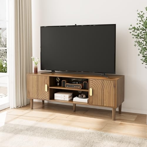 Smuxee Walnut TV Stand with Line Groove Design, 47.2 Mid Century Modern TV Media Console for TVs up to 55, TV Cabinet with Adjustable Shelf & 2 Cabinets for Living Room