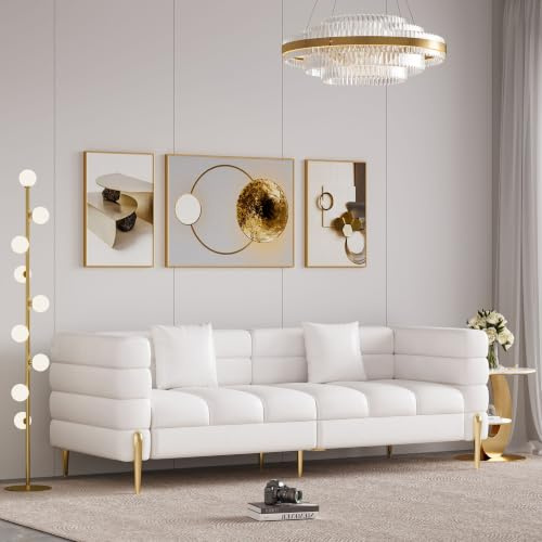 Homary 3-Sitzer Bouclé Sofa Weiß 200 cm, Modernes Cloud Sofa mit Tiefer Sitzfläche & Kissen, Bequeme Wohnzimmer Couch im Mid-Century Stil mit Goldenen Beinen & Holzrahmen