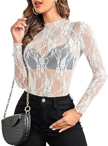 BrightGlow Dam sexig spets topp transparent långärmad tröja rund hals nättoppar spetsblus damer eleganta lediga toppar sheer mesh spets topp för klubb fest, Vit, S