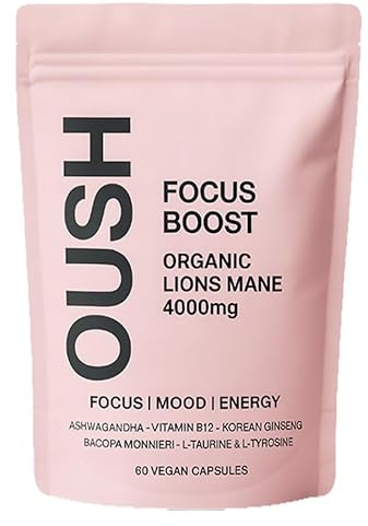 Focus Organic Lions Mane Supplements 4000mg + Ashwagandha, Bacopa, Korean Ginseng & Vitamin B Complex - Mental Clarity & Energy Support - Lion's Mane Mushroom 10-in-1 Supplement, 60 Vegan Capsules
