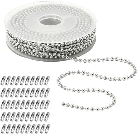 XDGBGFN 10m Kugelkette Edelstahl Perlen Rollenkette 2.4mm Durchmesser Silber Kugelkette Edelstahlkette 50 Stück Kugelketten Verbinder für Kette Schlüsselanhänger DIY Schmuckherstellung Tags
