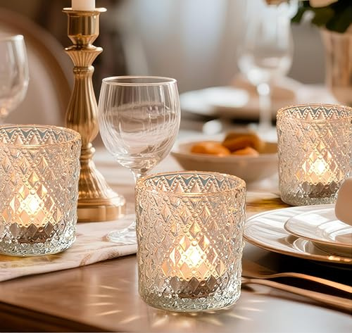 YBCPACK Lot de 12 photophores en Verre Transparent – bougeoirs Vintage avec Motif en Relief, Verres à Bougie décoratifs pour Mariage, Anniversaire, Table et Noël