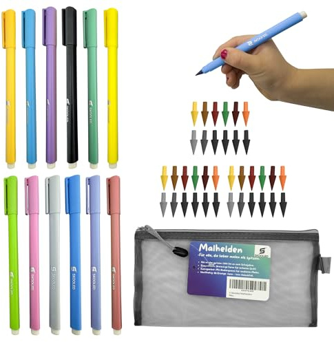 Malhelden 11 Farben + 1 Bleistift Nie wieder anspitzen Bis zu 2 Jahre Malzeit Ergonomische Dreikant-Buntstifte mit 48 Minen & integriertem Radiergummi inkl. Zipper-Mäppchen Für Schule & Grundschule