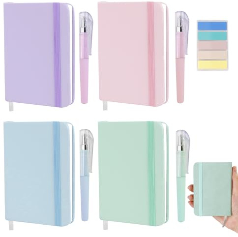 SHILIPAIJC 4 Pezzi Taccuino Tascabile, Quaderno Appunti Piccolo Quaderni a Righe con Penne e Foglietti Adesivi, Block Notes a7 Mini Quaderni Taccuino per Scolastiche Ufficio Diari (192 Pagine)