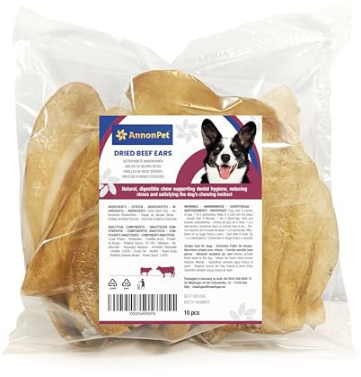 AnnonPet® 10 Orecchie di Manzo Essiccate per Cani – Snack Naturale e Masticativo ad Alta Digeribilità – Ricche di Proteine, Senza Additivi – Ideali per Igiene Dentale, Antistress