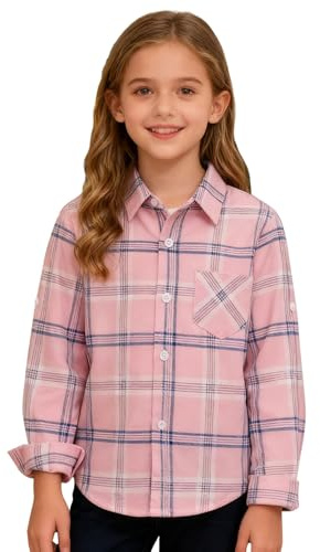 Camisa a cuadros de franela de manga larga con botones para niñas, ropa casual con bolsillo para 1-14 años, blusa térmica con solapa para otoño e invierno, rosa, 13-14 años