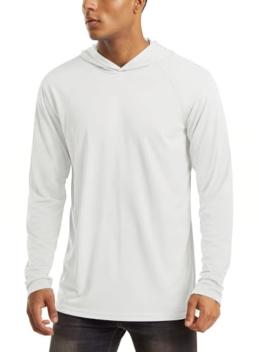 Hooded Shirts for Men Sun Protection Long Sleeve UPF 50+ Quick Dry Performance Shirts Lightweight Active Shirts Hiking Athletic T-Shirt White