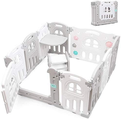 Costzon Baby Playpen 10-Panel Foldable Kids Play Yard, Indoor Outdoor Portable Baby Fence w/Additional Table Panels, Seat Stool, Lockable Gate & Educational Toys, Adjustable Shape (10-Panel)