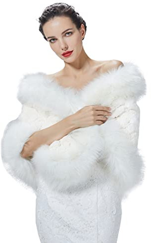 BEAUTELICATE Kunstpelz Schal Stola Bolero Damen für Winter Hochzeit Pelz Wrap Bolero Abendkleid Braut Brautschal Brautstola (Weiß mit Weiß Fell, Einheitsgröße)