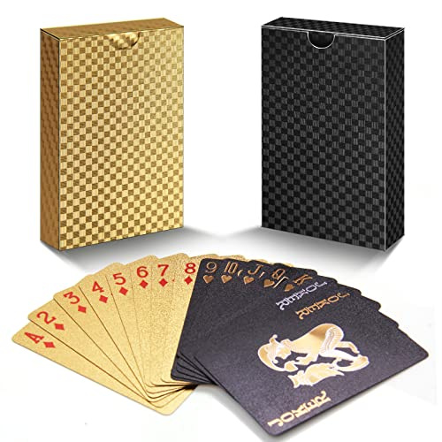 zidwzidwei Spielkarten 2 Kartendecks, Einzigartig kühles Schwarzes Poker Wasserdichtes PET Plastik Spielkarten, Premium Kartendeck Standardgröße für das Geschenkpartyspiel(Gold und Schwarz)