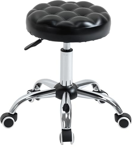 HOMCOM Sgabello ad Altezza Regolabile con 5 Ruote Girevoli Nero | Sgabello Fisarmonica, in Acciaio, Gommapiuma e Pelle PU, Ø48x47-59A cm