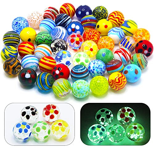 40 PCS Glass Marbles for Kids, 35 Colorful Assorted Marbles and 5 Glow in The Dark, Marble Run Games Accessories for Boys and Girls, Beautiful Marble Bulk for Home Decoration