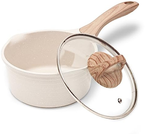 JEETEE Casseruola Antiaderente 20 cm, 2.4 L, Con Beccuccio e Coperchio in Vetro, Alluminio, Casseruola Latte, Pentola per Pasta, Vaso per Salse, Adatta all'induzione, Beige