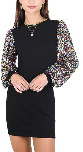 Anna-Kaci Womens Long Sleeve Sequin Party Bodycon Dress Cocktail Sparkle Wedding Evening Clubwear A Line Mini Short Dress, Multicolored, Large