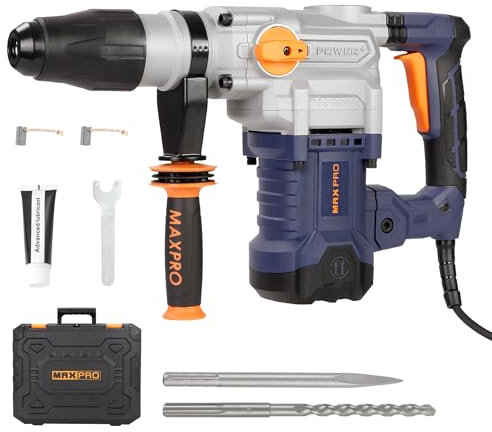 Martillo Demoledor MAXPRO 1600W SDS-MAX, 9J de Impacto - Taladro Percutor para Hormigón - Capacidad de Perforación: 50mm - Incluye Mango Anti-Vibración y Juego de Cinceles con Maleta