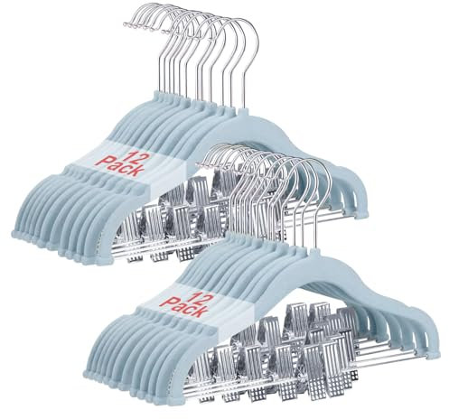 Wellong Appendiabiti per Bambini con clip, 30cm Grucce per Bambini con Ganci Girevoli a 360°, Grucce di Velluto Antiscivolo per Camicie, Pantaloni, Gonne, Abiti, Giacche, Cappotti 24 Pezzi (Blu)