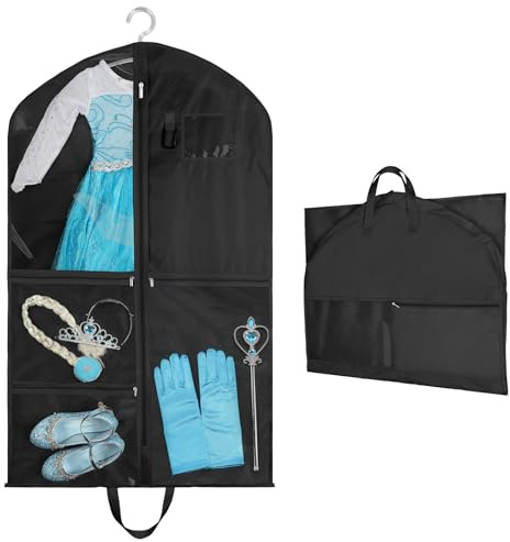 OSDUE Clothes Covers, 40 inch WaterproofHanging Garment Bags with 5 Zipper Pocket and ID Slot Pockets Foldable Kids Dance Costume Garment Bag Travel Storage Bag for Dancers Travel Competitions (Black)