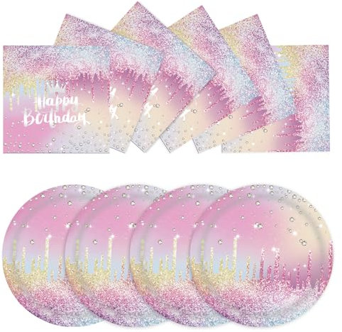 EVYIENEN 50 Stück Mehrfarbig Happy Birthday Teller und Servietten Set,25 x 17.8cm Dessertteller 25 x 16.5cm Servietten Geburtstag Party Geschirr Set für Weihnachten Geburtstagsparty Deko