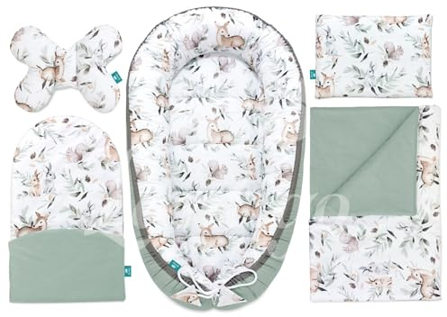 Lantigo 100% coton 5-en-1 Set PREMIUM nid bébé 95×55: cocon réducteur couverture 2 coussin matelas OEKO-TEX Green Groove