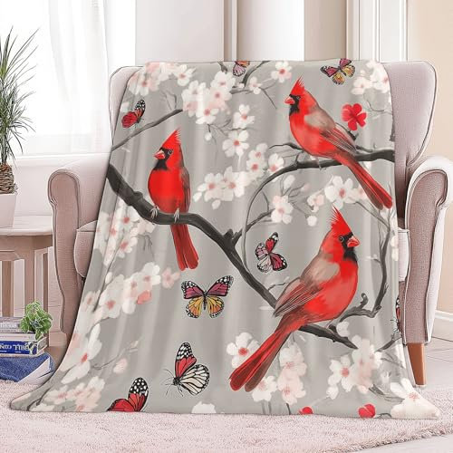 wohndecke Tierkardinal Blumen, Super Weiche Gemütliche Warme Flanell-Wurfdecke, leichte dekorative Klimaanlagen-Decke, Sofa Couch Wohnzimmerdekoration für Erwachsene Kinder Büro 180 x 200 cm