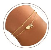 TINGN Damarmband, silverguld, 14K guldpläterad, skiktad hjärta, lager, anpassningsbart, alfabet med monogram, gåvor till fru, flickvän, 15 cm + 2 inches