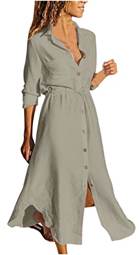 Generico 2025 Vestito Estivo Donna Lungo Maniche Lunghe Casual Abito Camicia Lino Maxi Elegante Vestiti Estivi Cotone Vestito Linea A Abiti da Spiaggia Mare Boho con Tasche