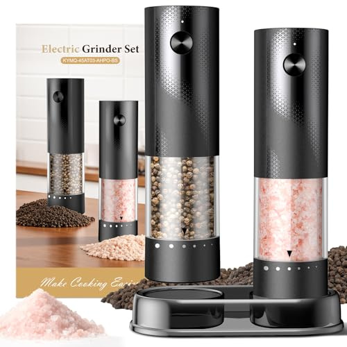 Electric Salt and Pepper Grinder Set - Rechargeable Automatic Salt and Pepper Shakers, Kitchen Appliances with External Adjustable Coarseness, Larger Hopper for Cooking, Home Gifts(2 Pack,Black/Black)