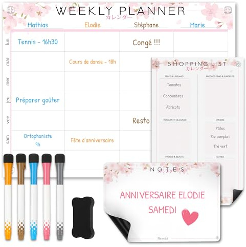 Calendrier Magnétique Frigo Sakura | Pack 3 : Tableau Semainier, Liste de Courses, Pense-Bête | Organisateur Familial | Planning des Tâches | Planner Aimanté Puissant | Ardoise Effaçable Facilement