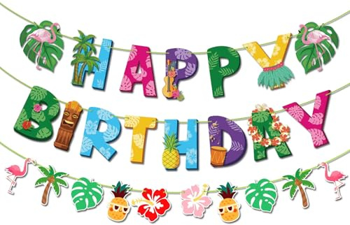 Aevorant Set de Banner de Cumpleaños Hawaiano con Motivos Tropicales – Guirnalda Feliz Cumpleaños Reutilizable para Fiestas, Decoración de Habitaciones y Celebraciones (120g)