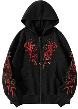 Generisch Sudadera con capucha para hombre estilo Y2K con estampado de alas góticas - Chaqueta con capucha con estampado tribal en el pecho y las mangas | Chaqueta informal para un look alternativo