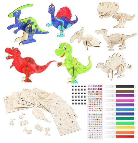 Tmefoy 16 Stück Dinosaurier Holz Bastelset für Kinder Drachen Geburtstag, 3D Puzzle Dino Holzbastelsets Kindergeburtstag Spielzeug, Dino Holz Basteln Jungen Mädchen Geburtstag Handwerk