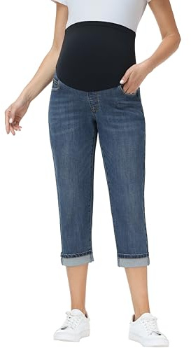 V VOCNI Women's Maternity Jeans Capri Over Belly Cuffed Denim Capris Pregnancy Cropped Pants with Pockets Retro Blue Medium