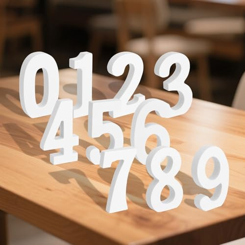 SLIAXINT 10 Pezzi numeri di legno grandi bianco con adesivo biadesivo 0-9 numeri di legno 8cm stencil per torte numero del tavolo per decorare pareti caffè case feste e matrimoni