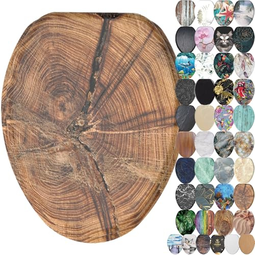 SANILO Wooden Toilet Seat with Soft Close [ELONGATED] - Decorative, Quiet & Slow Close Molded Wood Seat - With Strong Bumpers & Hinges - Adjustable Fit - Old Tree