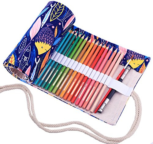 Amoyie Colouring Pencil Case 72 Slots, Roll Up Pen Holder, Pencil Wrap Blue | Fish,Canvas Organiser Bag for Coloured Pen, Foldable Carrier for School, Outdoor Sketch, Artist Storage Bags, Large Capacity